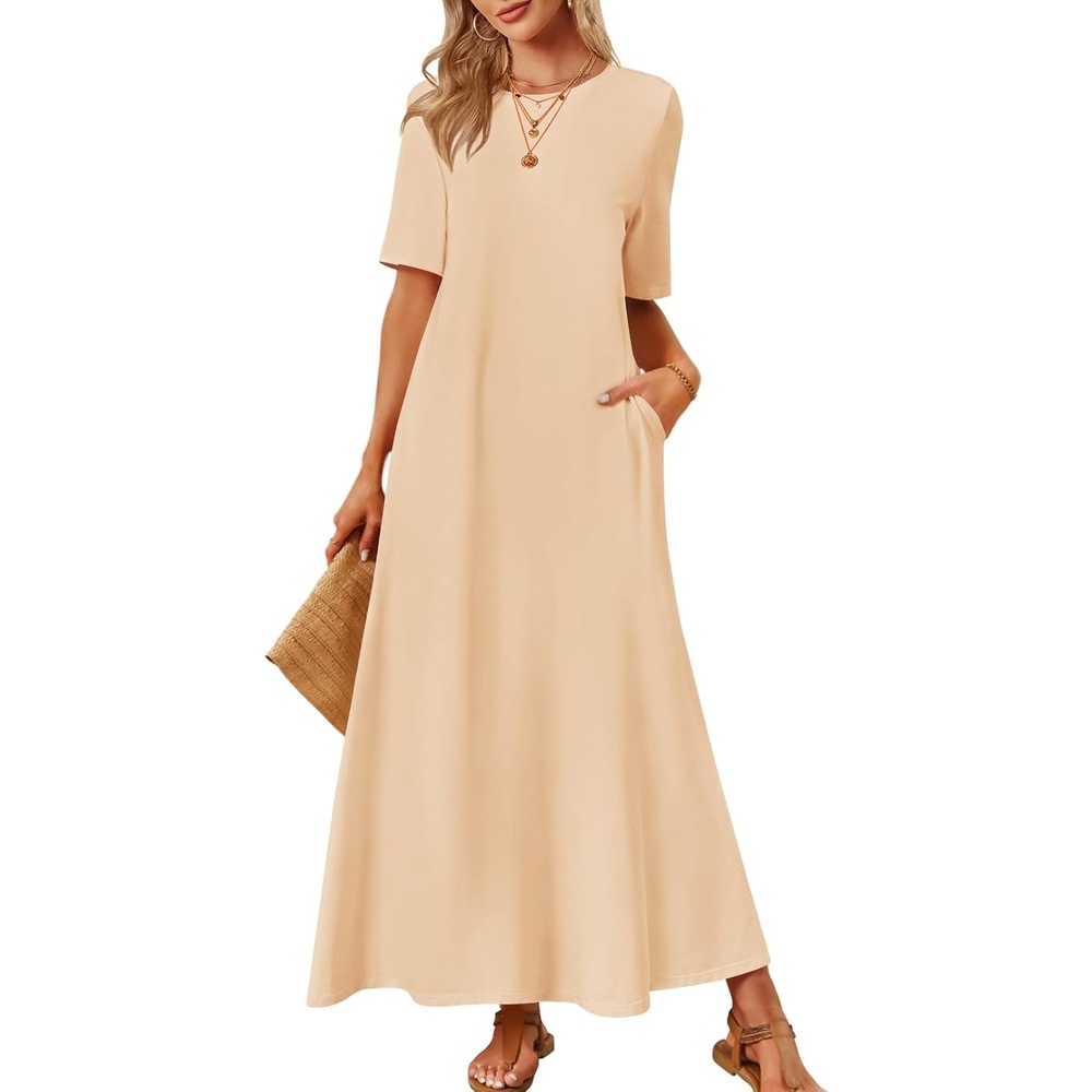 image:imageMEROKEETY Womens Summer Casual Short Sleeve Maxi Long Tshirt Dress 2026Apricot