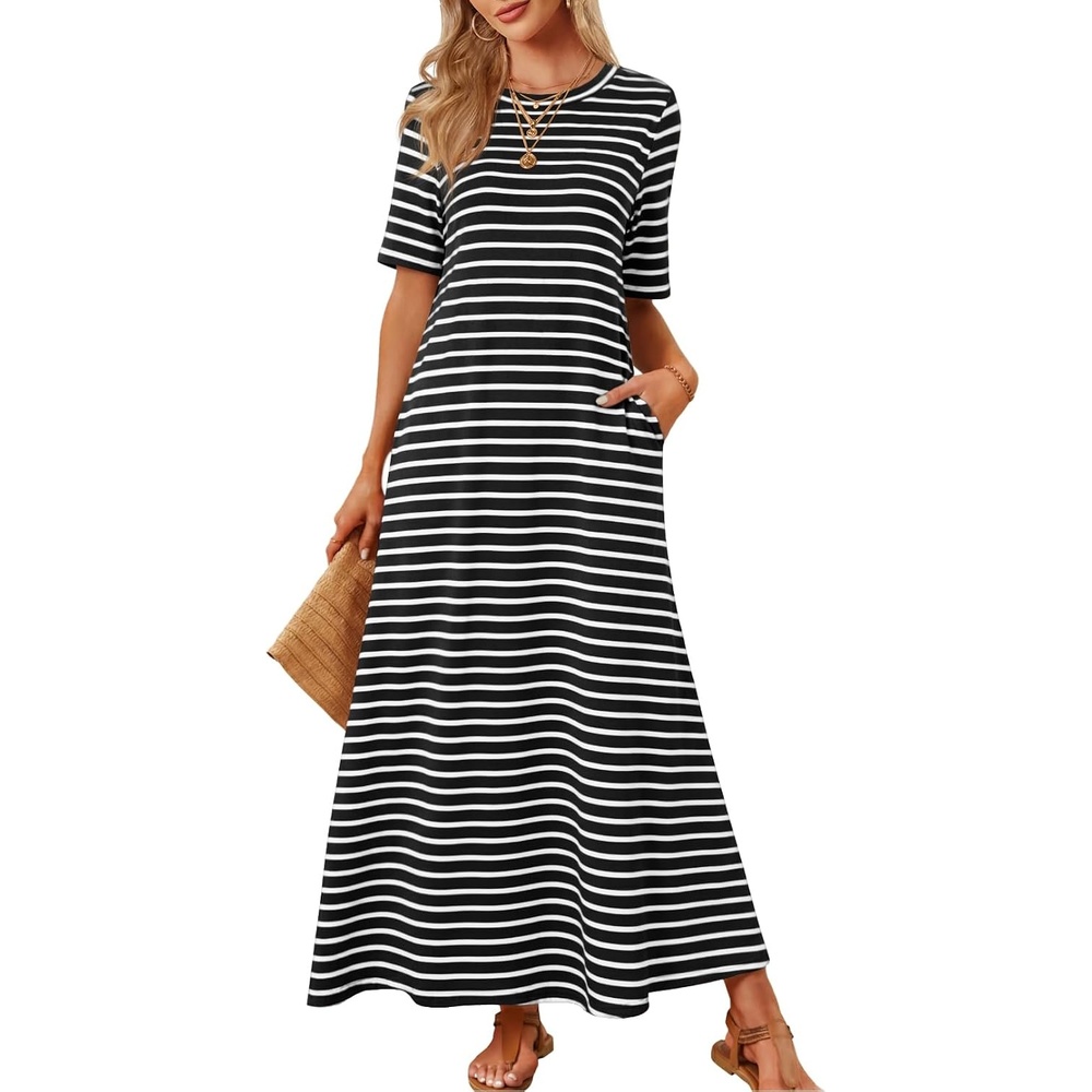 image:imageMEROKEETY Womens Summer Casual Short Sleeve Maxi Long Tshirt Dress 2026Blackwhite