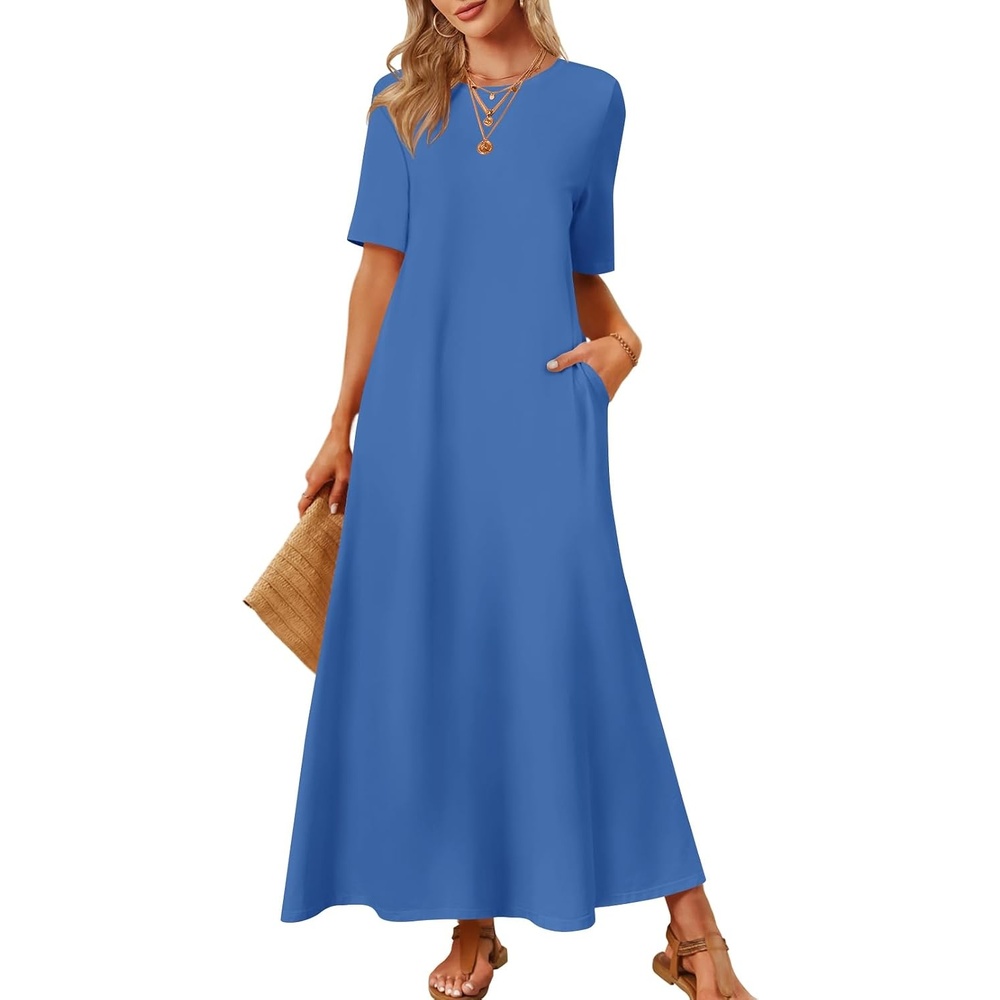 image:imageMEROKEETY Womens Summer Casual Short Sleeve Maxi Long Tshirt Dress 2026Blue