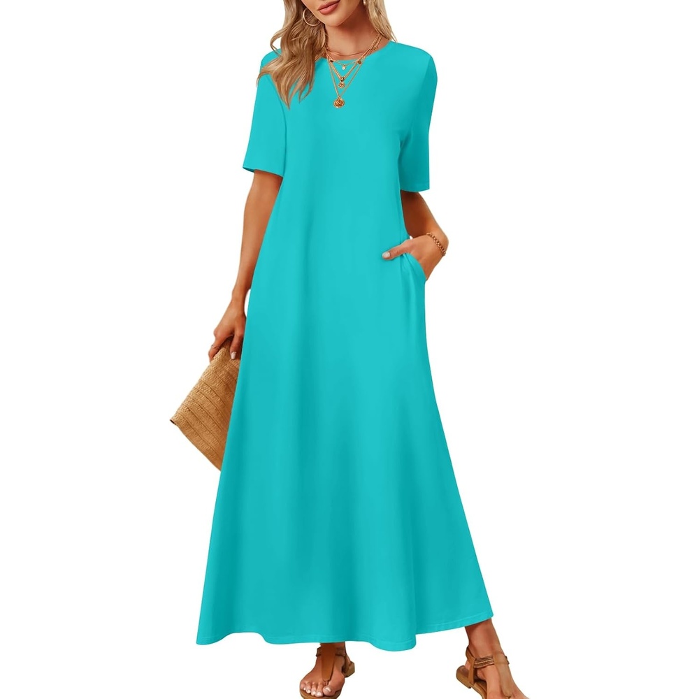 image:imageMEROKEETY Womens Summer Casual Short Sleeve Maxi Long Tshirt Dress 2026Lakegreen