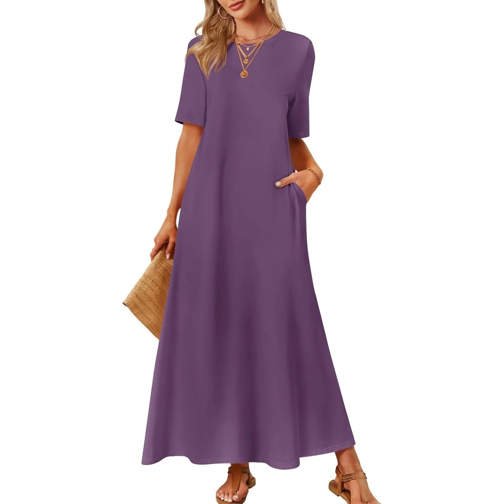 image:imageMEROKEETY Womens Summer Casual Short Sleeve Maxi Long Tshirt Dress 2026Purple