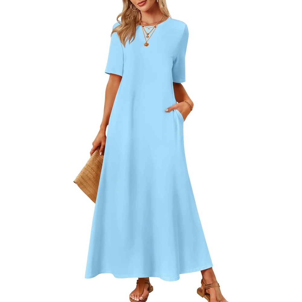 image:imageMEROKEETY Womens Summer Casual Short Sleeve Maxi Long Tshirt Dress 2026Skyblue
