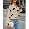 MEROKEETY Women’s Fall Long Sleeve V Neck Sweaters Lightweight Knit Tops(Bow Apricot)