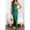 MEROKEETY Womens Satin Strapless Bodycon Wedding Guest Maxi Dress(Dark Green)