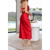 MEROKEETY Womens Satin Strapless Bodycon Wedding Guest Maxi Dress(Red)
