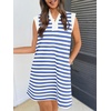 MEROKEETY Women’s Summer Casual V Neck Collared Loose T Shirt Mini Dress(Striped Blue)