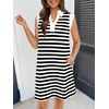 MEROKEETY Women’s Summer Casual V Neck Collared Loose T Shirt Mini Dress(Stripedblack)