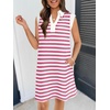 MEROKEETY Women’s Summer Casual V Neck Collared Loose T Shirt Mini Dress(Stripedpink)