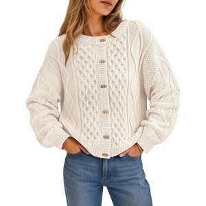 MEROKEETY Womens Chunky Button Up Cable Knit Trendy Cardigan Sweaters(Beige)