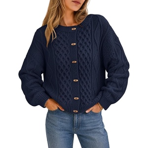 MEROKEETY Womens Chunky Button Up Cable Knit Trendy Cardigan Sweaters(Navy)