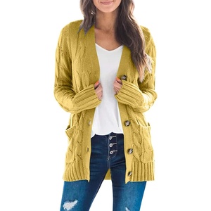 MEROKEETY Womens Fall 2026 Long Sleeve Cable Knit Cardigan Sweaters(Mustard)