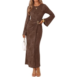 MEROKEETY Women’s Fall Long Sleeve Formal Wedding Guest Cocktail Maxi Dress(Brown)