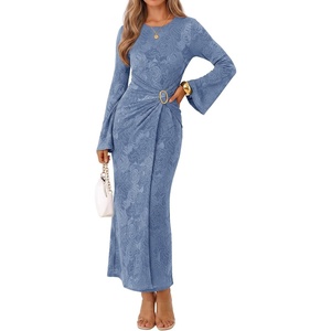 MEROKEETY Women’s Fall Long Sleeve Formal Wedding Guest Cocktail Maxi Dress(Dusty Blue)