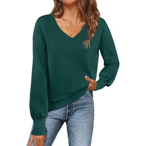 MEROKEETY Women’s Fall Long Sleeve V Neck Sweaters Lightweight Knit Tops(Green)
