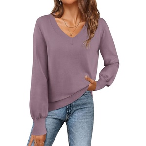 MEROKEETY Women’s Fall Long Sleeve V Neck Sweaters Lightweight Knit Tops(Purple)