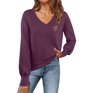 MEROKEETY Women’s Fall Long Sleeve V Neck Sweaters Lightweight Knit Tops(Wine)