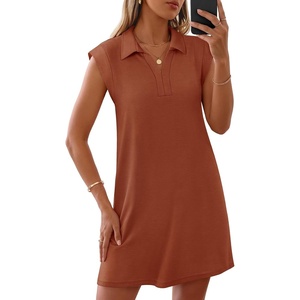 MEROKEETY Women’s Summer Casual V Neck Collared Loose T Shirt Mini Dress(Rust)