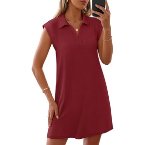 MEROKEETY Women’s Summer Casual V Neck Collared Loose T Shirt Mini Dress(Wine)