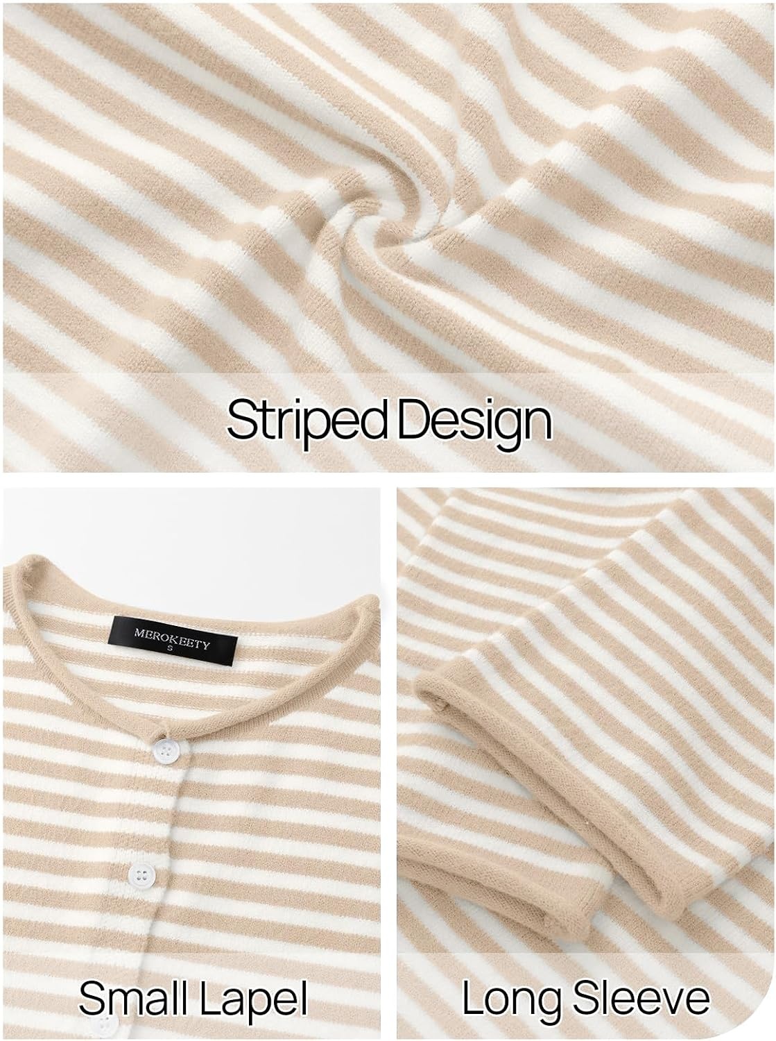 image:imageMEROKEETY Striped Cardigan Sweaters for Women Trendy Button Fall SweaterBeige