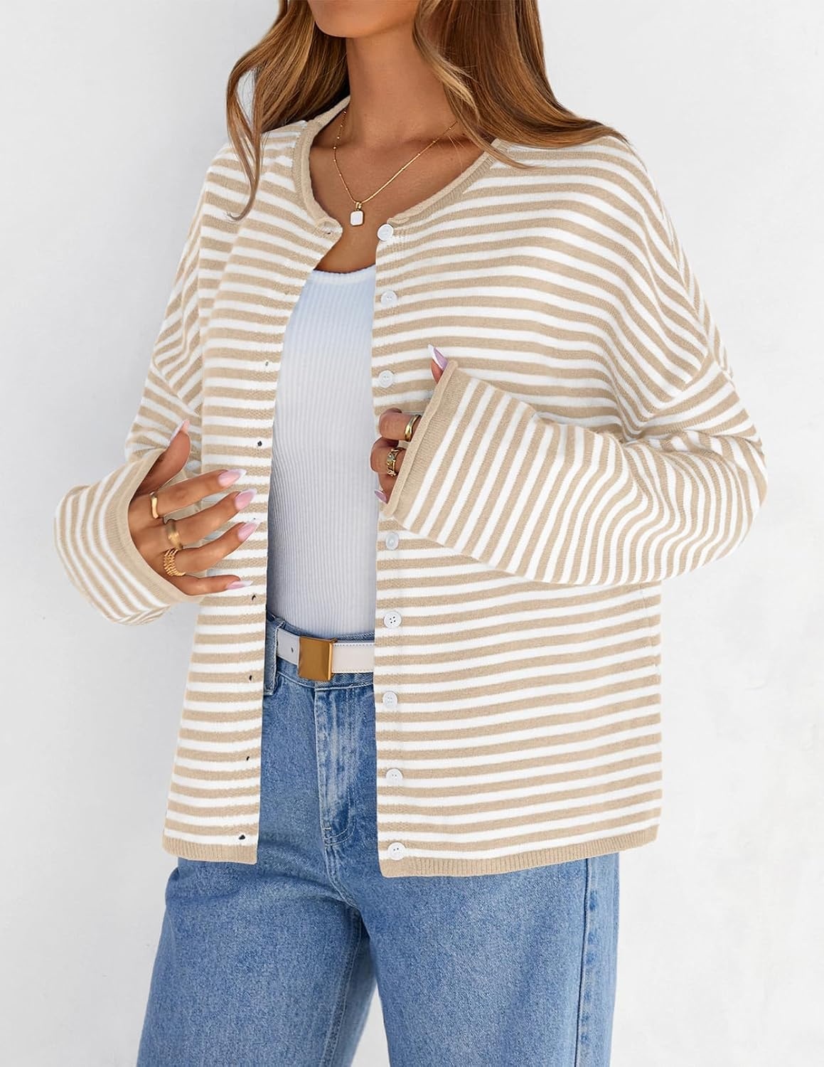 image:imageMEROKEETY Striped Cardigan Sweaters for Women Trendy Button Fall SweaterBeige