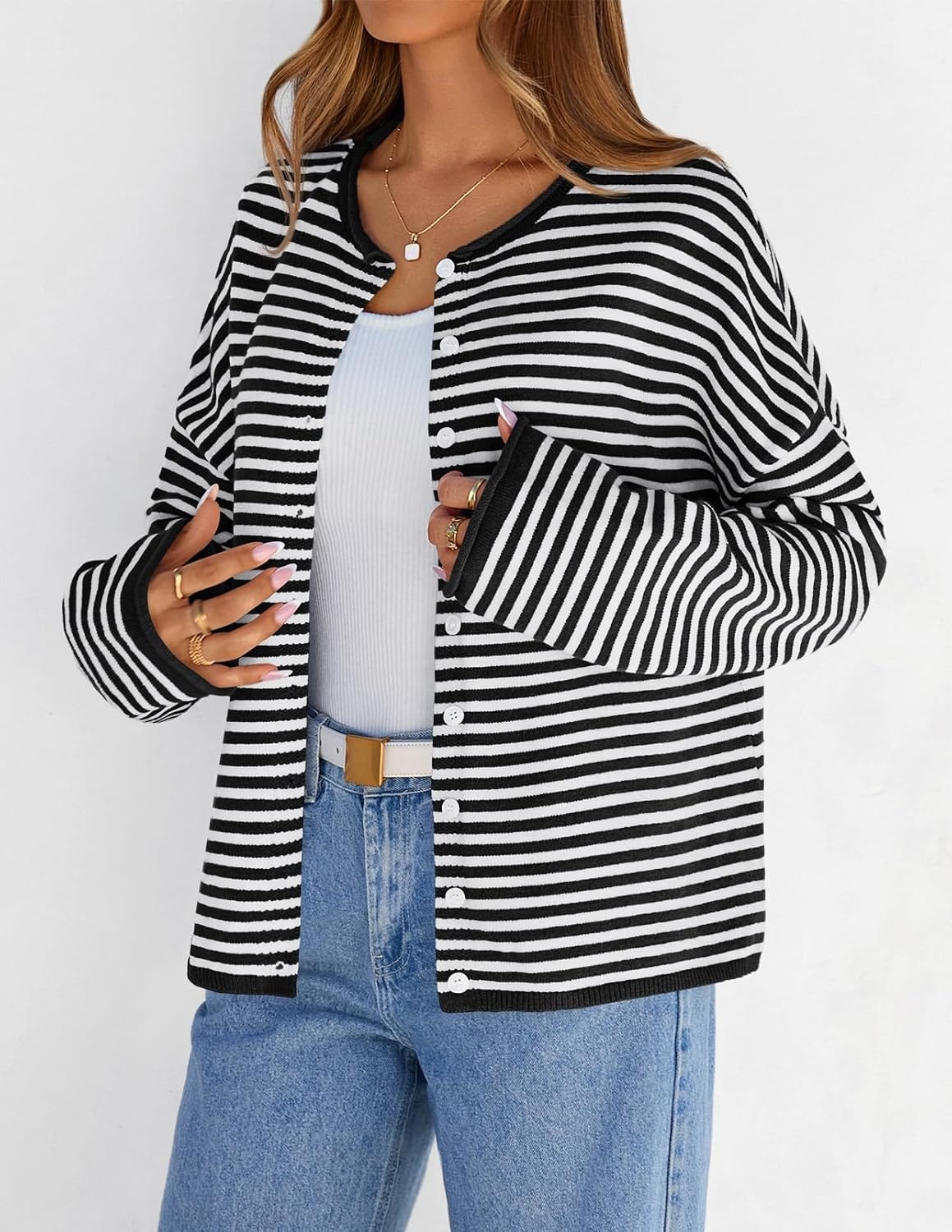 image:imageMEROKEETY Striped Cardigan Sweaters for Women Trendy Button Fall SweaterBlack