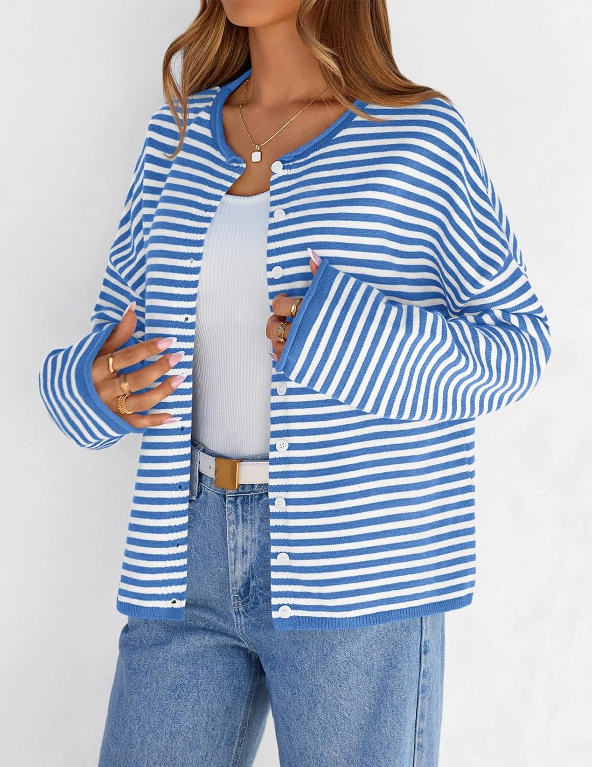 image:imageMEROKEETY Striped Cardigan Sweaters for Women Trendy Button Fall SweaterBlue