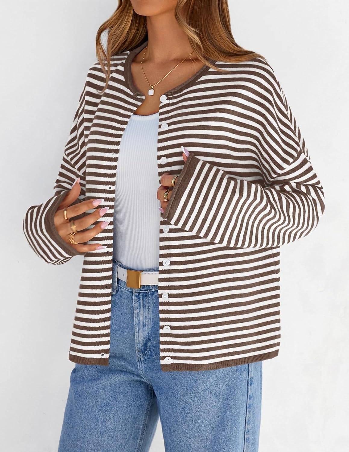 image:imageMEROKEETY Striped Cardigan Sweaters for Women Trendy Button Fall SweaterBrown