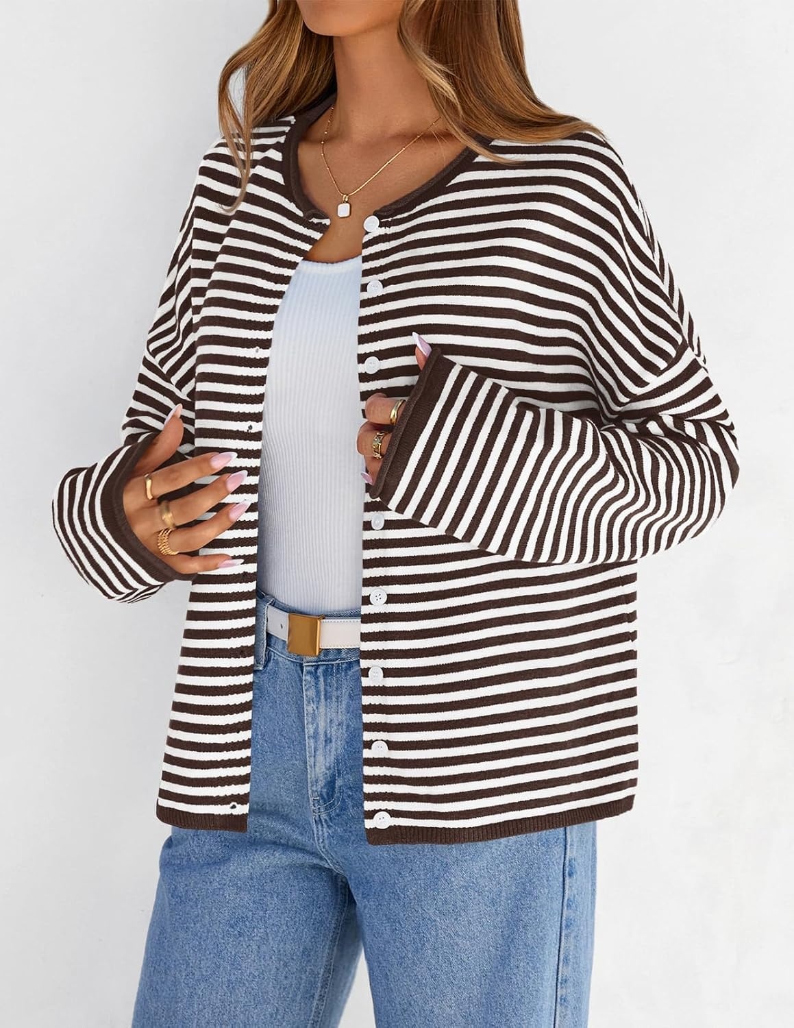 image:imageMEROKEETY Striped Cardigan Sweaters for Women Trendy Button Fall SweaterCoffee