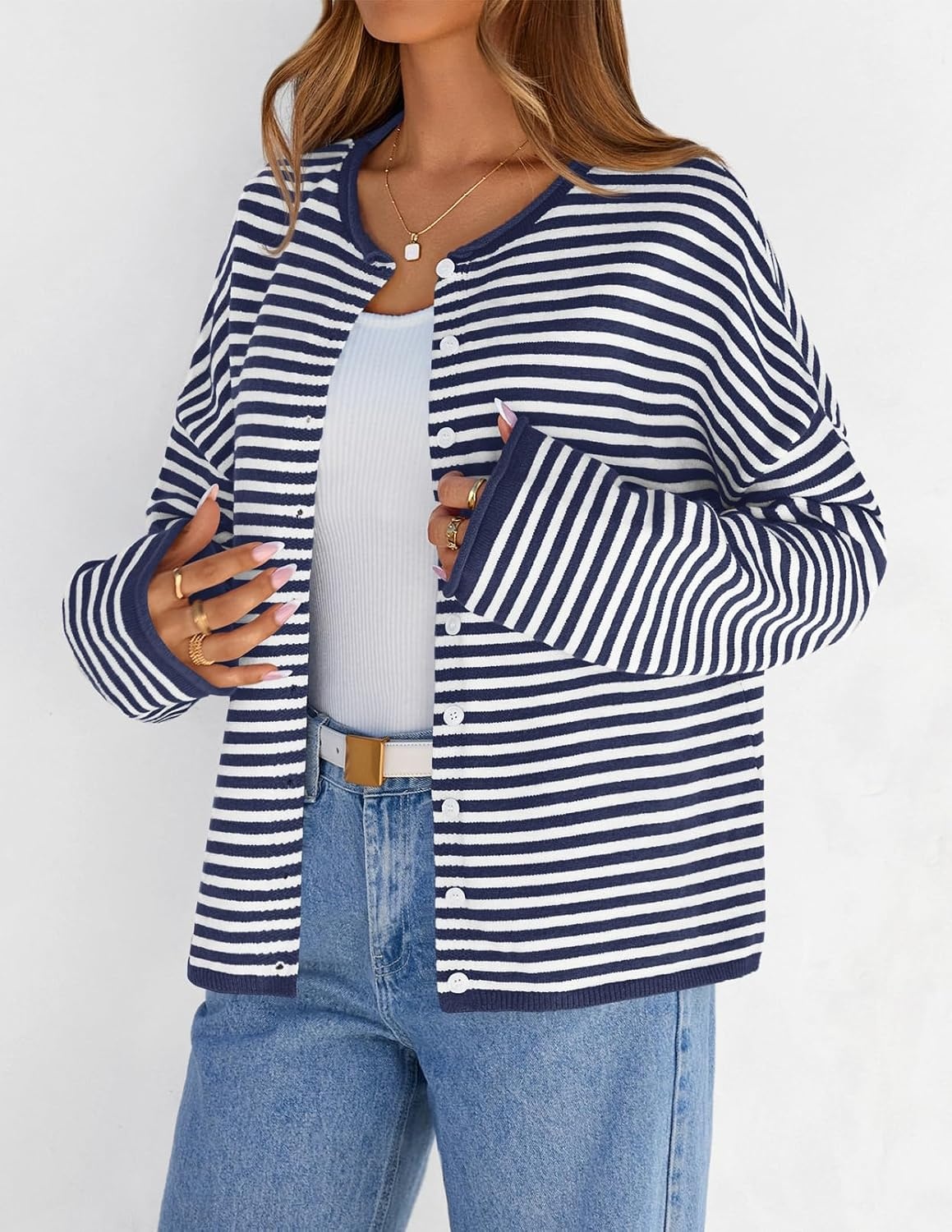 image:imageMEROKEETY Striped Cardigan Sweaters for Women Trendy Button Fall SweaterNavy