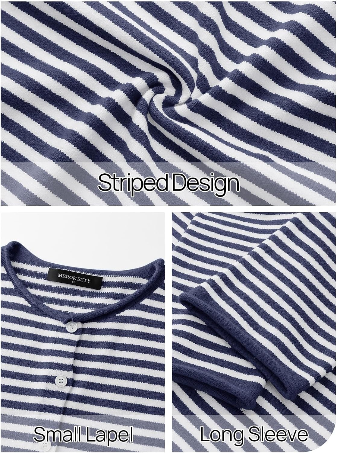 image:imageMEROKEETY Striped Cardigan Sweaters for Women Trendy Button Fall SweaterNavy