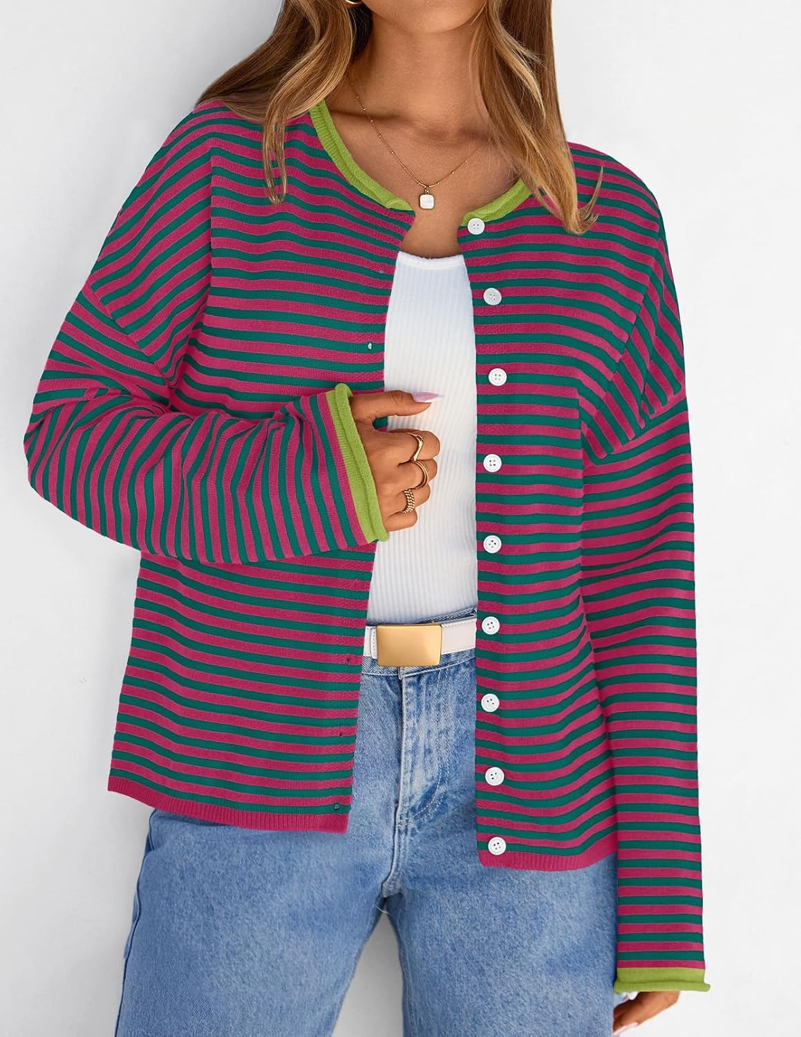 image:imageMEROKEETY Striped Cardigan Sweaters for Women Trendy Button Fall SweaterPinkgreen