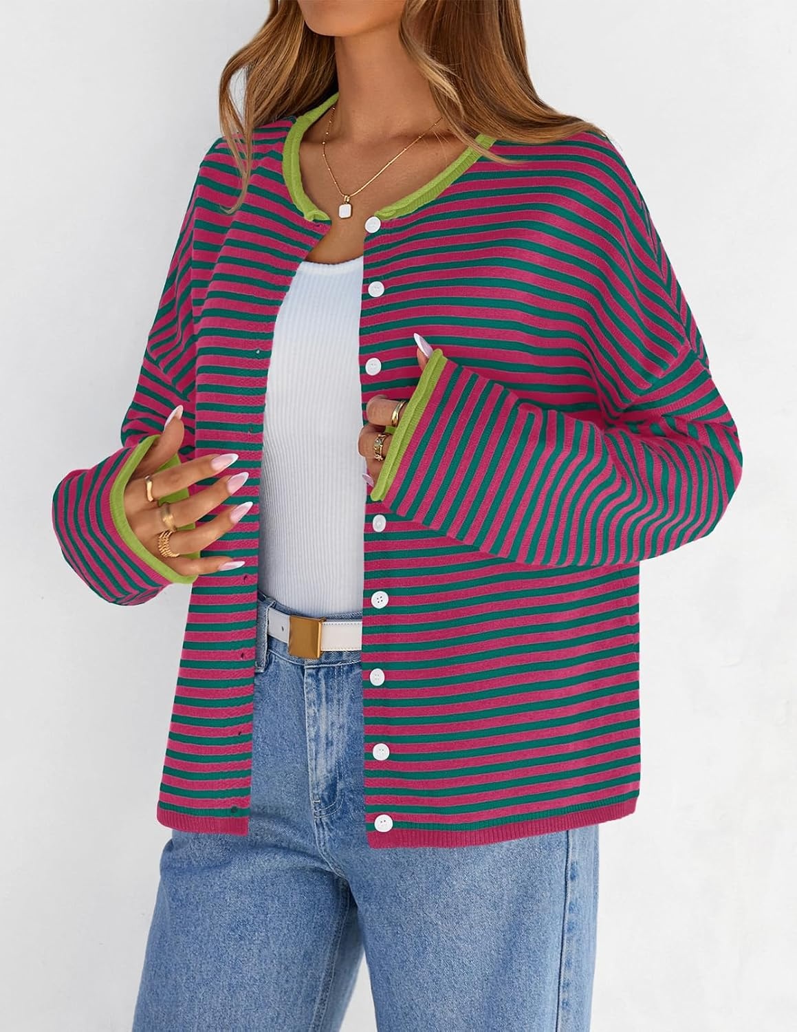 image:imageMEROKEETY Striped Cardigan Sweaters for Women Trendy Button Fall SweaterPinkgreen