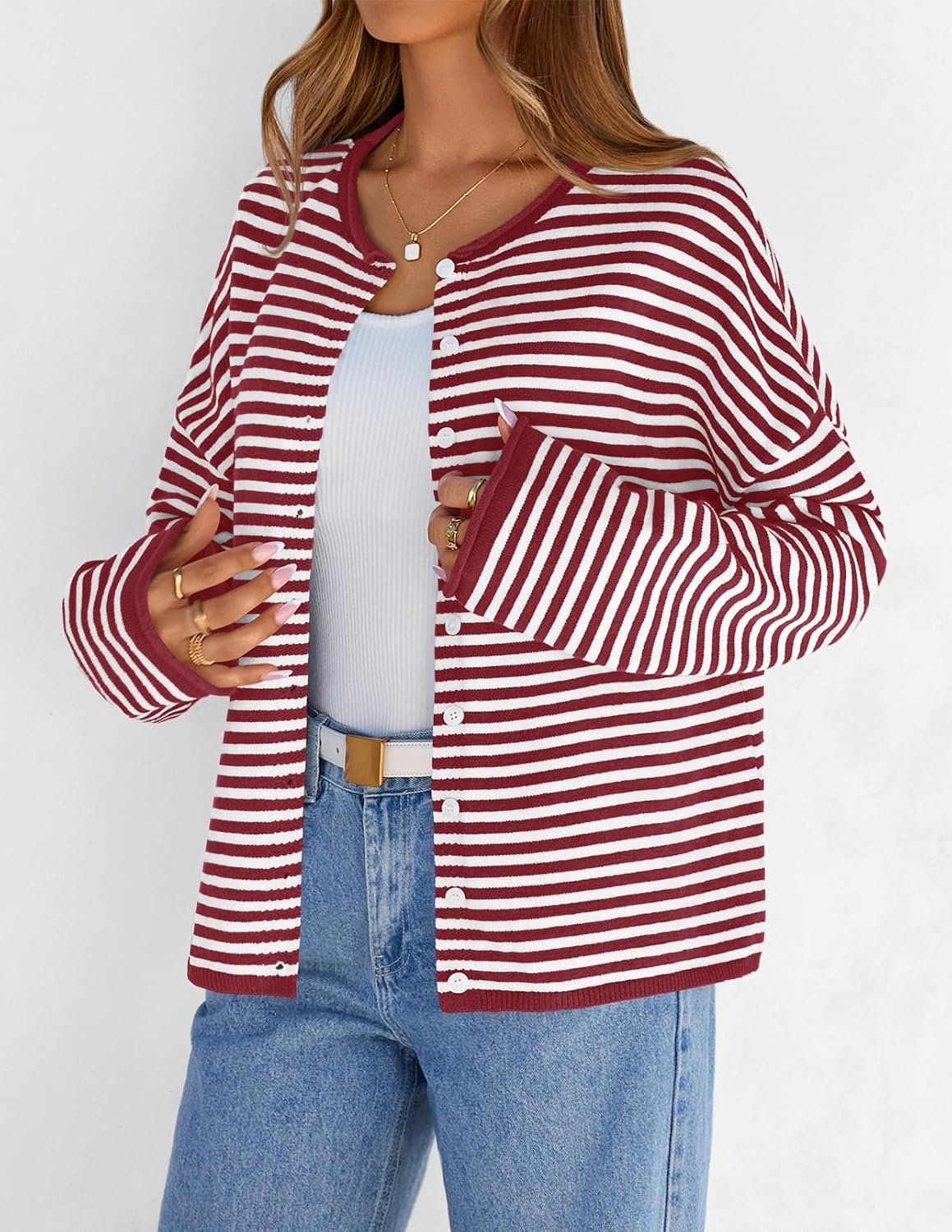 image:imageMEROKEETY Striped Cardigan Sweaters for Women Trendy Button Fall SweaterRed
