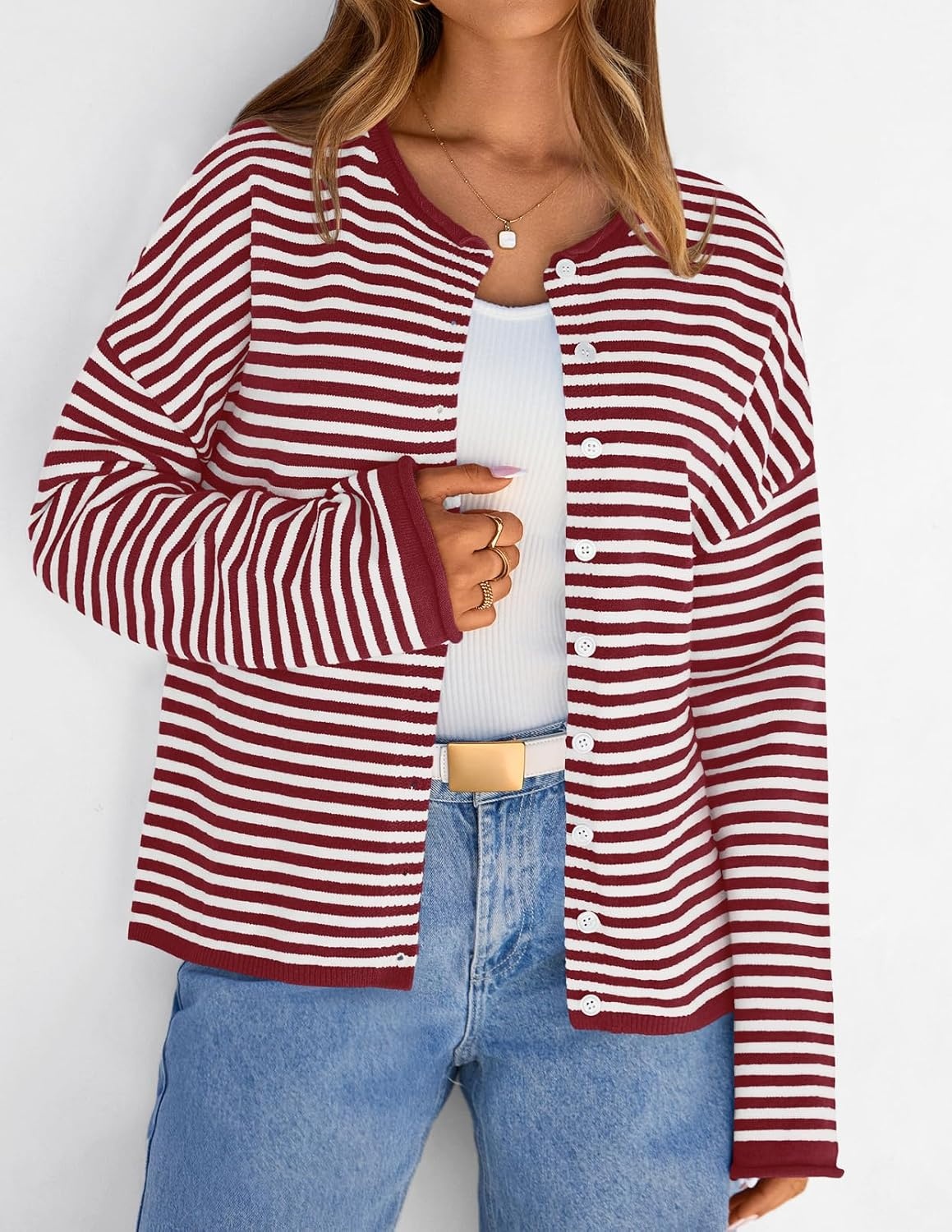 image:imageMEROKEETY Striped Cardigan Sweaters for Women Trendy Button Fall SweaterRed