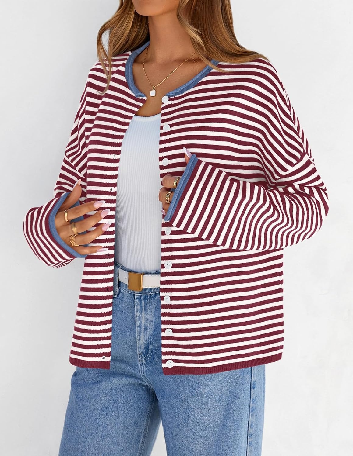 image:imageMEROKEETY Striped Cardigan Sweaters for Women Trendy Button Fall SweaterWineblue
