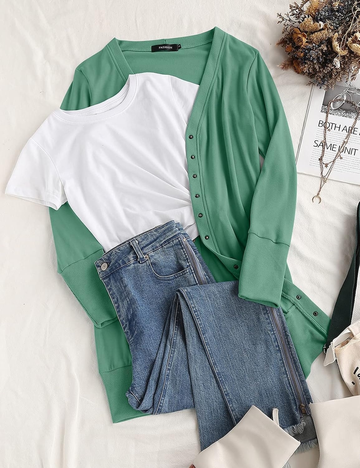 image:imageMEROKEETY Womens 2026 Fall Lightweight Button Up Long Cardigan SweaterDusty Green