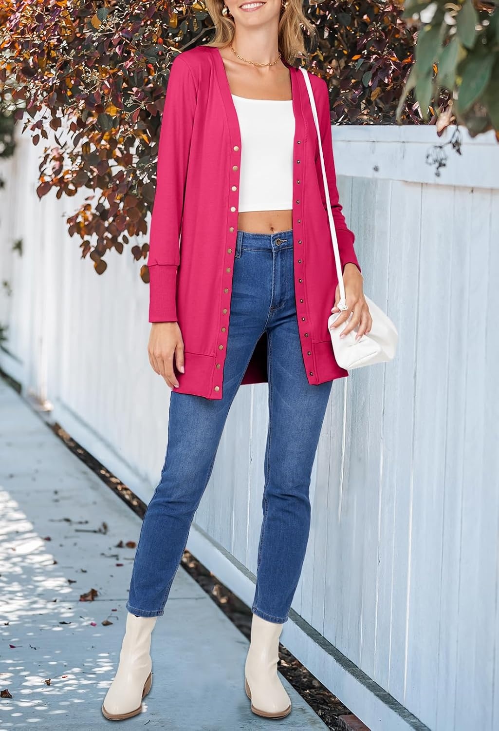image:imageMEROKEETY Womens 2026 Fall Lightweight Button Up Long Cardigan SweaterHot Pink
