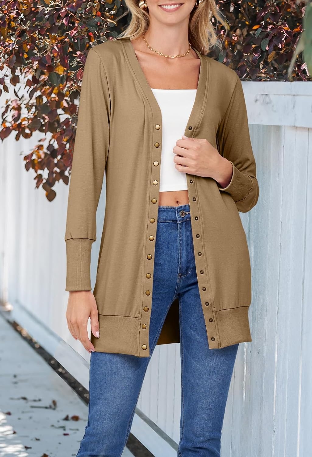 image:imageMEROKEETY Womens 2026 Fall Lightweight Button Up Long Cardigan SweaterKhaki