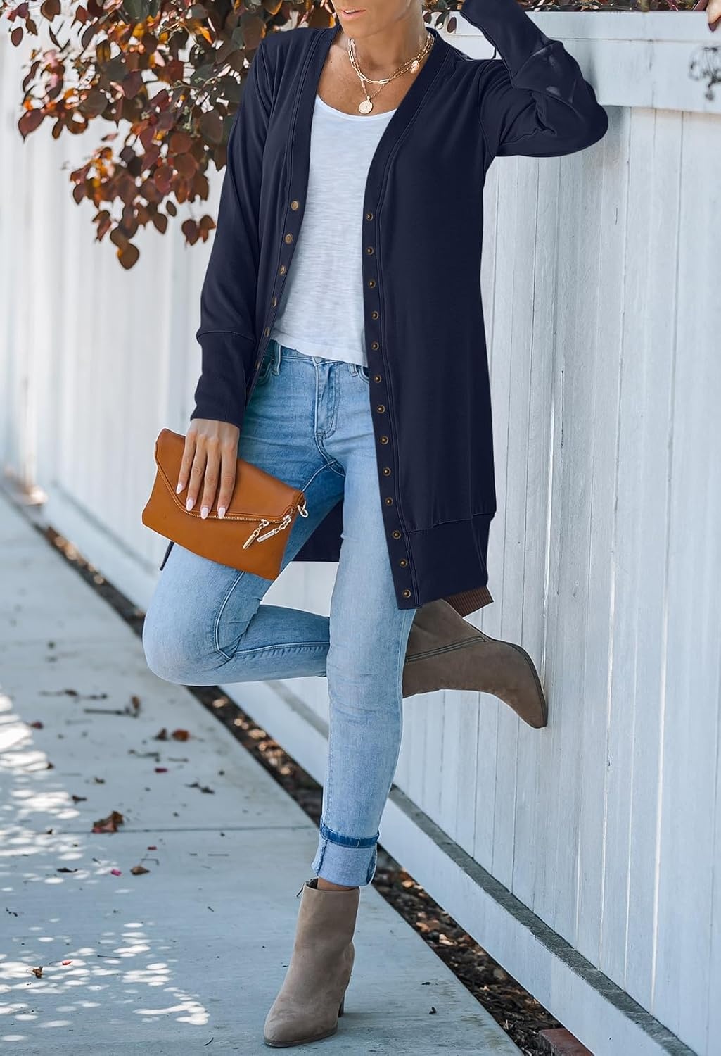 image:imageMEROKEETY Womens 2026 Fall Lightweight Button Up Long Cardigan SweaterNavy