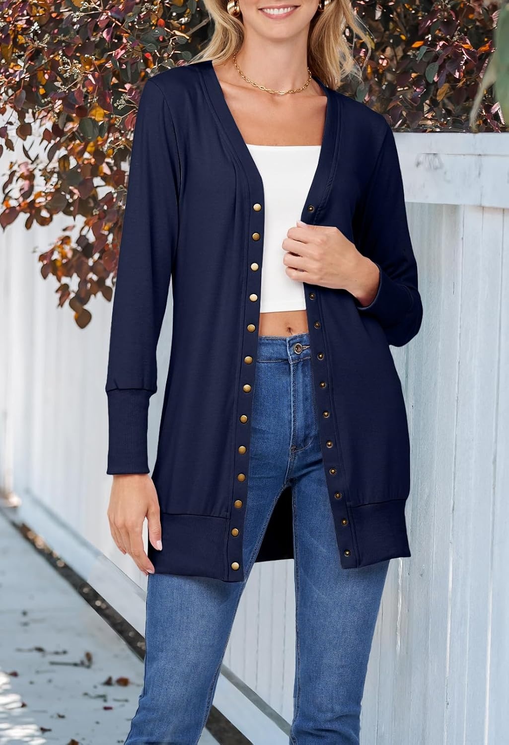 image:imageMEROKEETY Womens 2026 Fall Lightweight Button Up Long Cardigan SweaterNavy