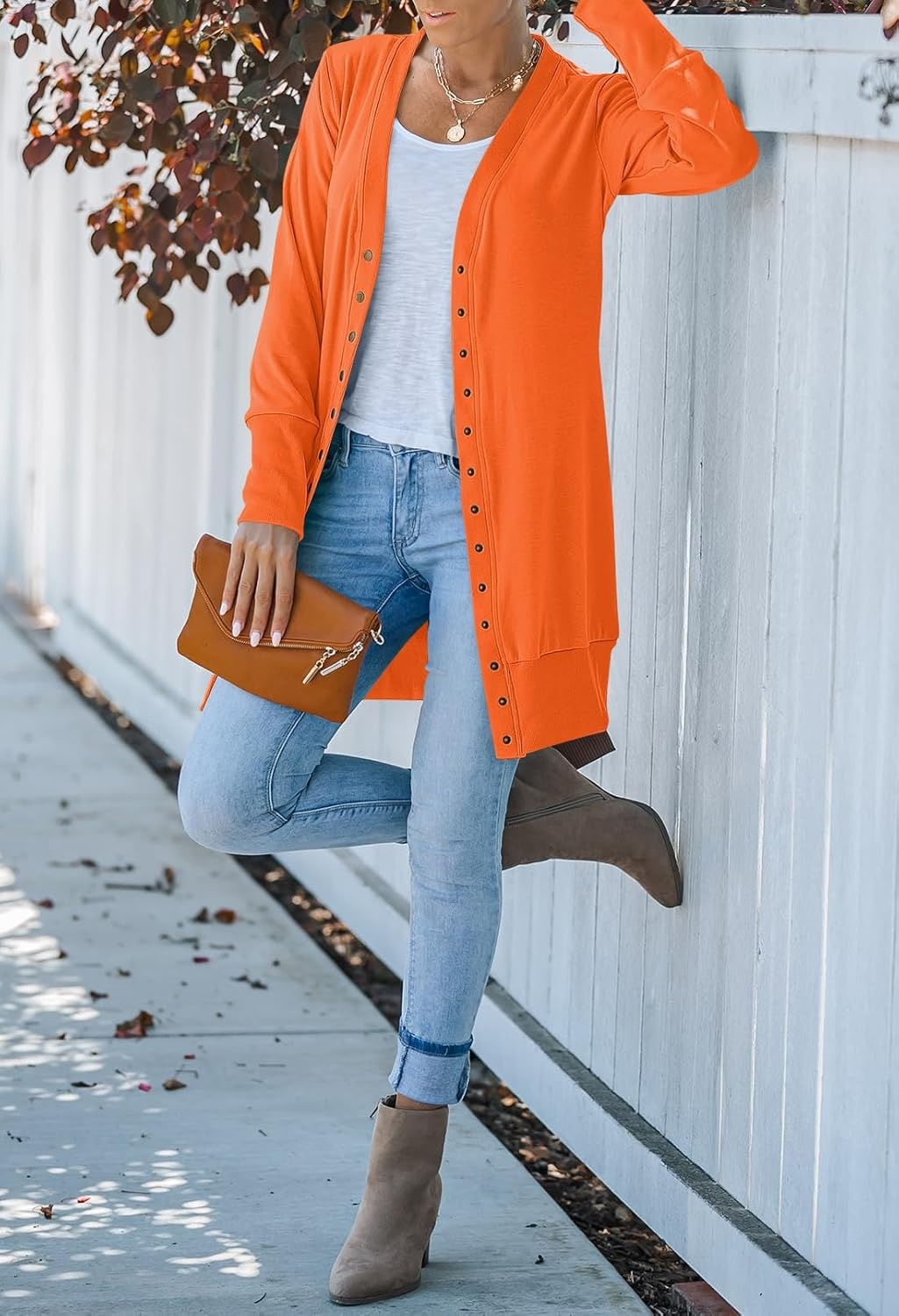 image:imageMEROKEETY Womens 2026 Fall Lightweight Button Up Long Cardigan SweaterOrange