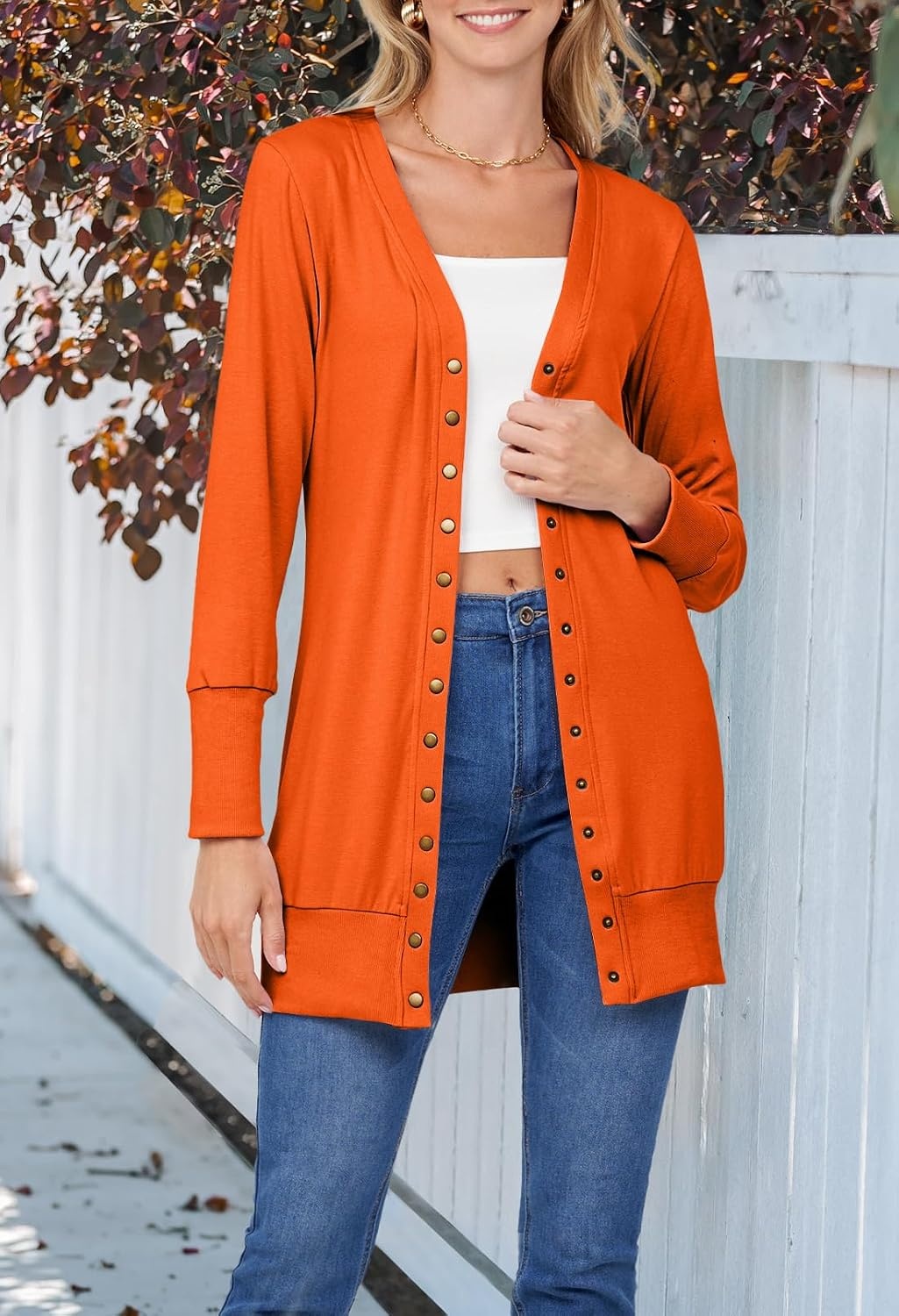 image:imageMEROKEETY Womens 2026 Fall Lightweight Button Up Long Cardigan SweaterOrange