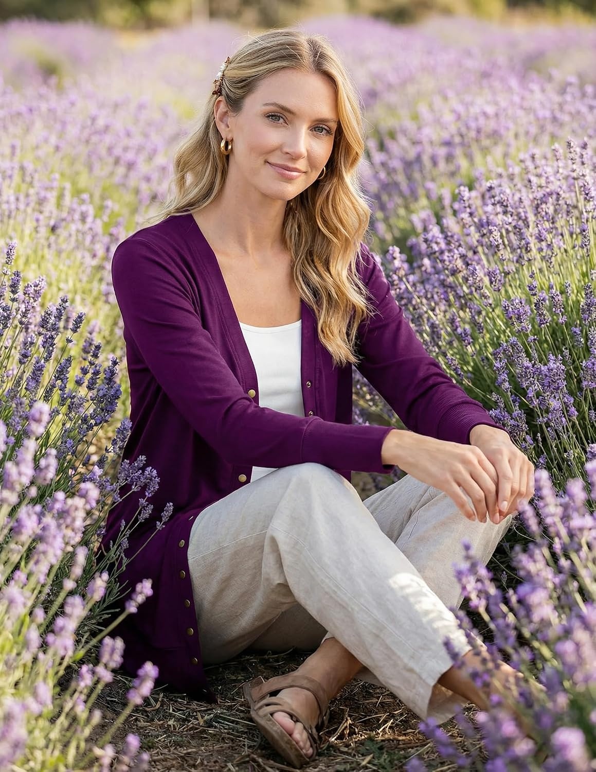 image:imageMEROKEETY Womens 2026 Fall Lightweight Button Up Long Cardigan SweaterPlum