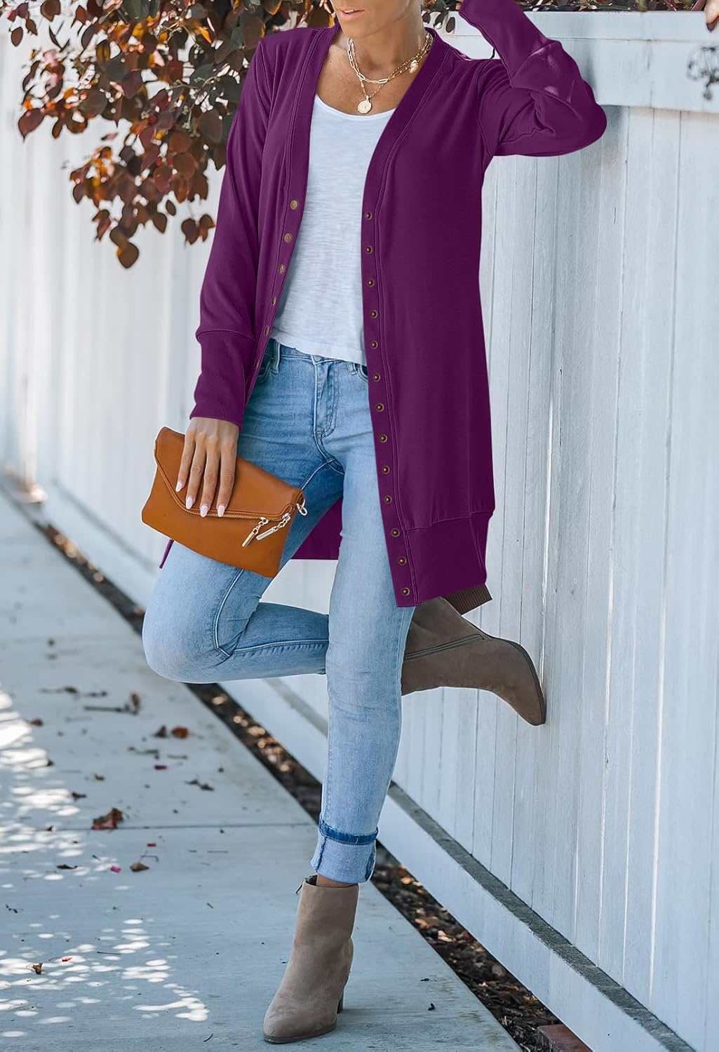 image:imageMEROKEETY Womens 2026 Fall Lightweight Button Up Long Cardigan SweaterPlum