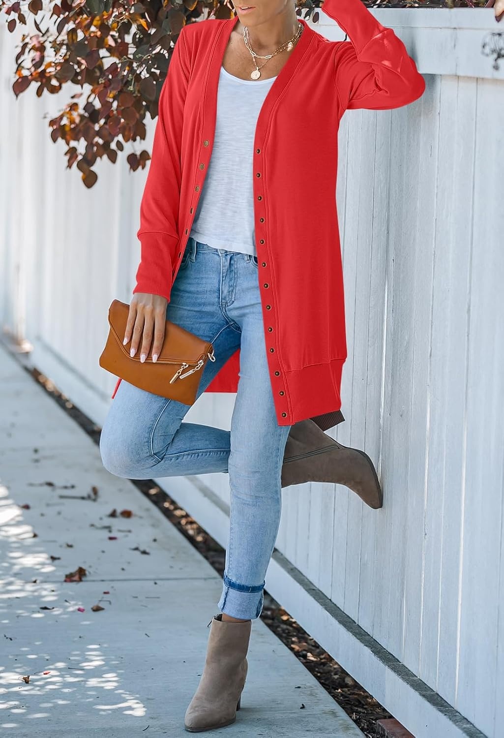 image:imageMEROKEETY Womens 2026 Fall Lightweight Button Up Long Cardigan SweaterRed