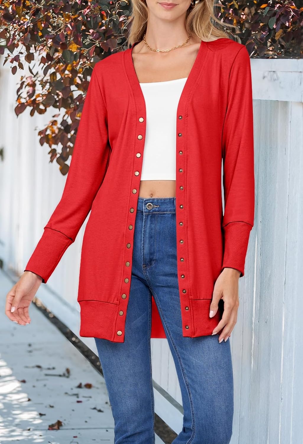 image:imageMEROKEETY Womens 2026 Fall Lightweight Button Up Long Cardigan SweaterRed