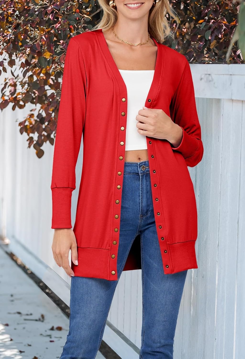 image:imageMEROKEETY Womens 2026 Fall Lightweight Button Up Long Cardigan SweaterRed
