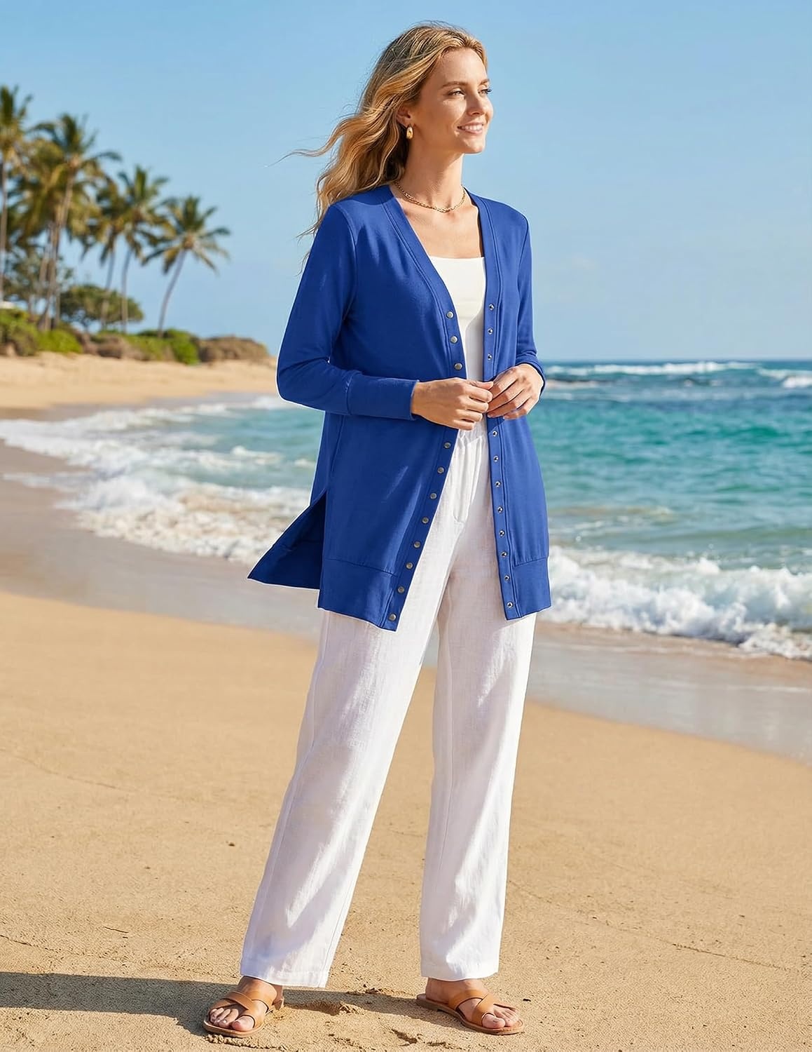 image:imageMEROKEETY Womens 2026 Fall Lightweight Button Up Long Cardigan SweaterRoyal Blue