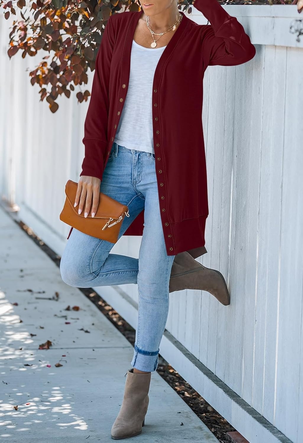 image:imageMEROKEETY Womens 2026 Fall Lightweight Button Up Long Cardigan SweaterWine