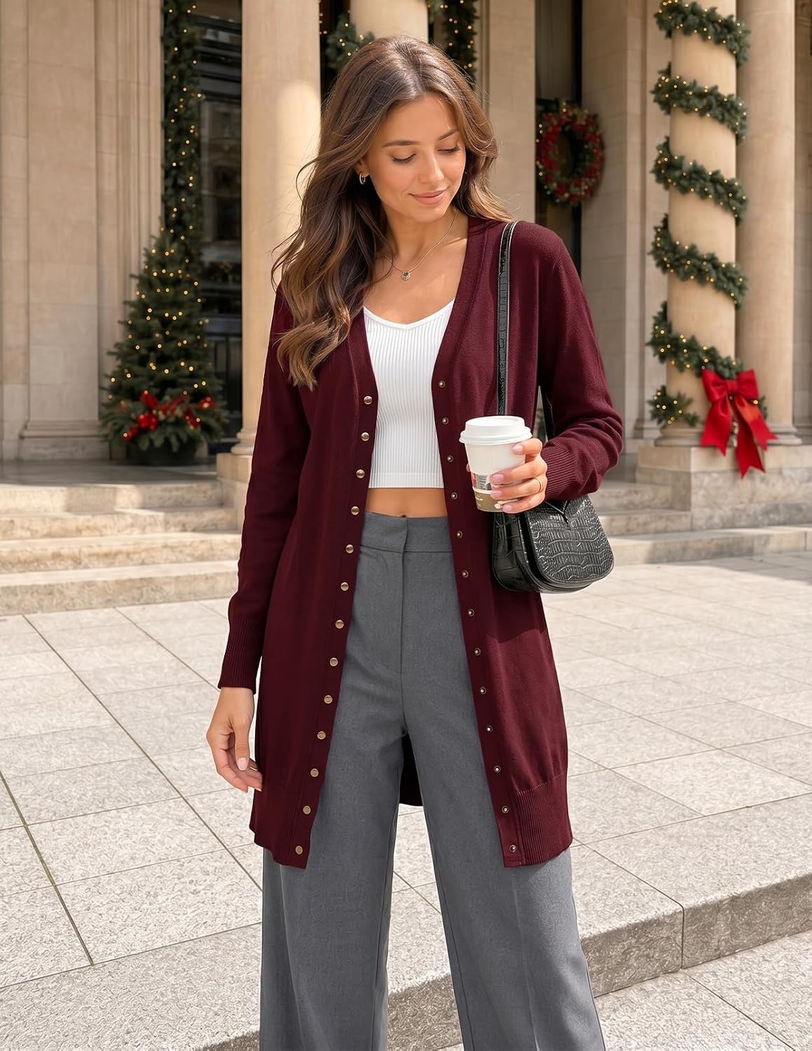 image:imageMEROKEETY Womens 2026 Fall Lightweight Button Up Long Cardigan SweaterWine